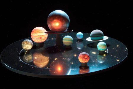 holographic display of a solar system with rotating planets, created with generative aiの素材