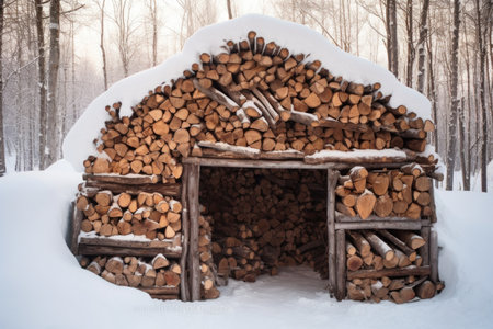 snow-covered firewood pile outdoors, created with generative aiの素材