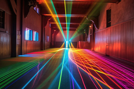 colorful laser beams forming a geometric grid, created with generative aiの素材