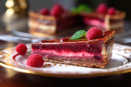 close-up of a sliced raspberry tart on a plate, created with generative aiの素材