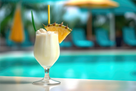 blurred pool background with pina colada in focus, created with generative aiの素材