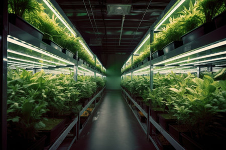 led grow lights illuminating rows of indoor plants, created with generative aiの素材