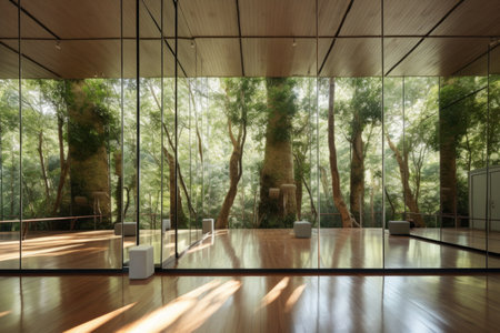 yoga studio with mirrored walls reflecting natural light, created with generative aiの素材