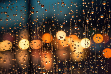 close-up of raindrops on illuminated window pane, created with generative aiの素材