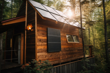 close-up of solar panel installation on a wooden cabin, created with generative aiの素材