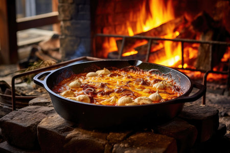 open fire dutch oven lasagna with rustic background, created with generative aiの素材