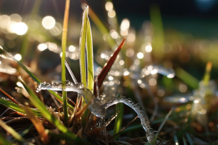 macro shot of ice crystals on grass blades, created with generative aiの素材
