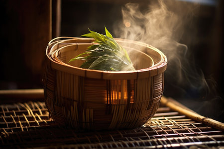 steaming tea leaves in bamboo basket over hot water, created with generative aiの素材