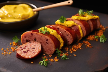 sliced artisan sausage with mustard and garnish, created with generative aiの素材