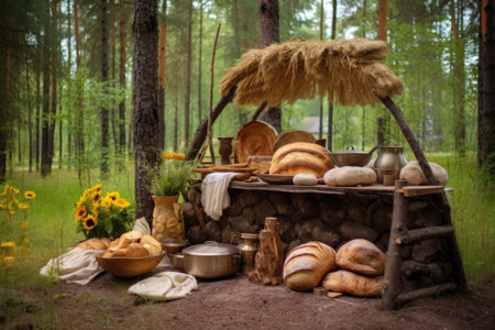 traditional outdoor bread baking setup near forest, created with generative aiの素材