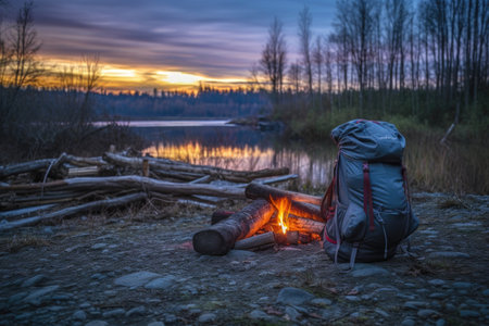 hiking backpack beside a campfire at dusk, created with generative aiの素材