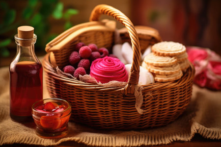 raspberry tart ingredients displayed in a quaint basket, created with generative aiの素材