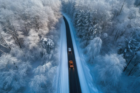 close-up of a car tire on icy road with snow chains, created with generative aiの素材