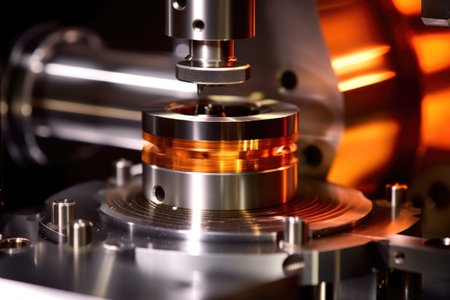 close-up of grinding machine shaping lens element, created with generative aiの素材