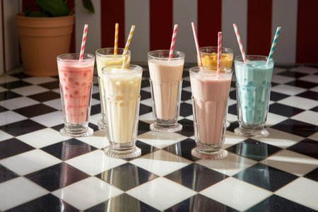 classic milkshake glasses lined up on a checkered floor, created with generative aiの素材