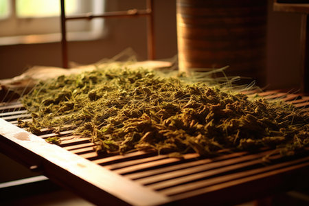 tea leaves in a wooden drying rack, natural lighting, created with generative aiの素材