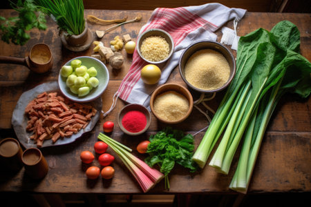 rhubarb crisp ingredients arranged on a wooden table, created with generative aiの素材