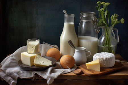 cheese-making ingredients: milk, rennet, and salt, created with generative aiの素材