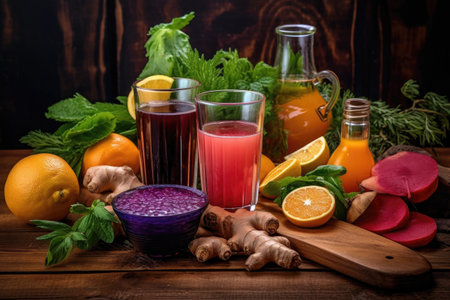 vibrant juice ingredients on a wooden table, created with generative aiの素材