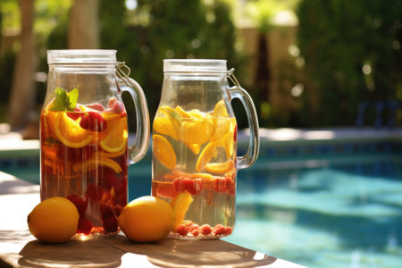 pitchers of fruit-infused water and lemonade near pool, created with generative aiの素材
