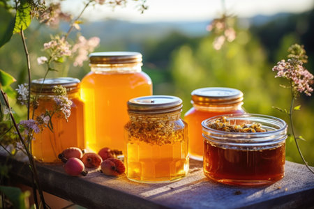 freshly harvested wild honey in glass jars outdoors, created with generative aiの素材