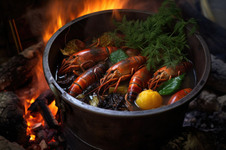 close-up of steaming crawfish in a rustic pot on open flames, created with generative aiの素材