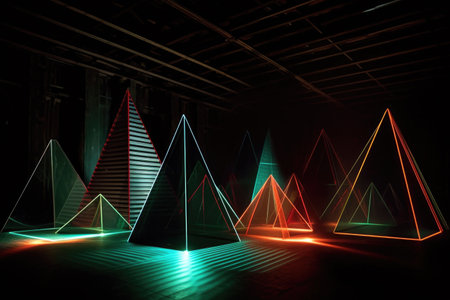 laser-created geometric shapes in a dark space, created with generative aiの素材