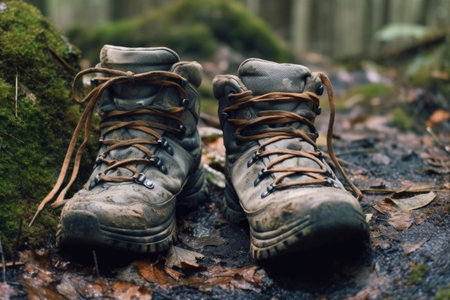 close-up of muddy hiking boots on a forest trail, created with generative aiの素材