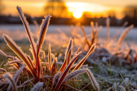 frost-encrusted grass with a bokeh background of sunrise, created with generative aiの素材