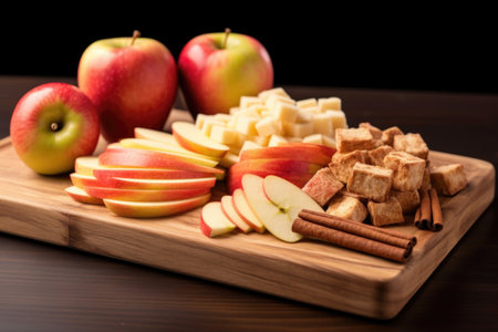 cinnamon sticks and apple slices on a board, created with generative aiの素材