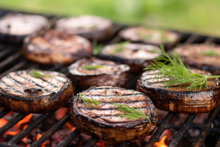 close-up of vegan grilled portobello mushrooms in nature, created with generative aiの素材