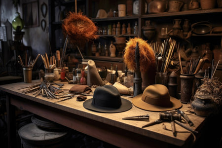 hat-making tools and equipment on a workshop table, created with generative aiの素材