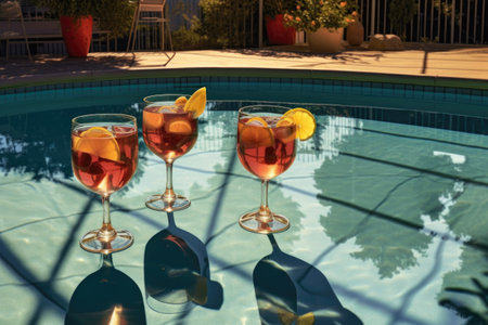 sunlit tom collins cocktails casting shadows by pool, created with generative aiの素材