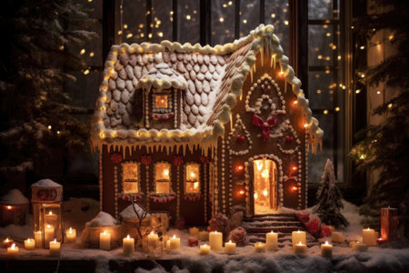 gingerbread house under fairy lights, created with generative aiの素材