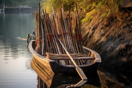 traditional wooden oars leaning against boat, created with generative aiの素材