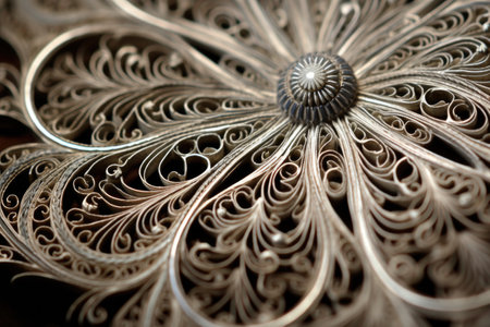 macro shot of intricate silver filigree, created with generative aiの素材