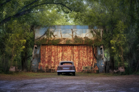 old-fashioned drive-in movie screen with surrounding trees, created with generative aiの素材