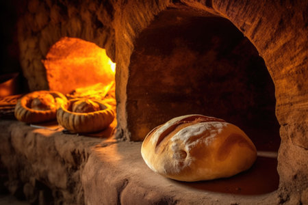close-up of rustic bread inside earthen oven, created with generative aiの素材
