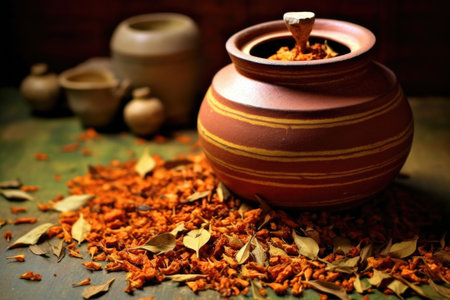 tea leaves fermenting in an earthenware container, created with generative aiの素材