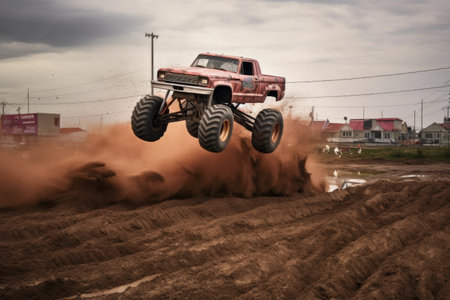 monster truck kicking up dirt as it speeds around a corner, created with generative aiの素材