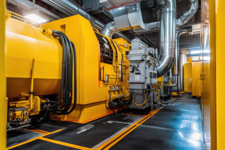 detailed view of energy-efficient machinery in a zero-emission factory, created with generative aiの素材