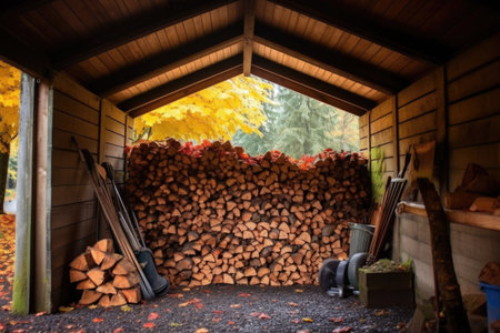 stacked firewood in a shed, ready for winter use, created with generative aiの素材