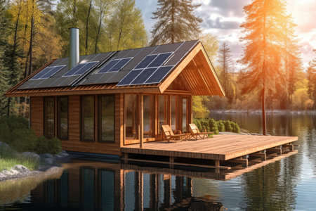 solar panels on a log cabin with a lake view, created with generative aiの素材