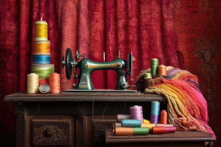 vintage sewing machine with colorful threads nearby, created with generative aiの素材