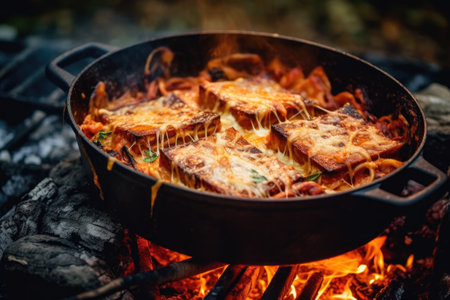 glowing embers beneath dutch oven lasagna, created with generative aiの素材