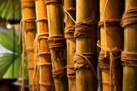close-up of bamboo poles tied together with rope, created with generative aiの素材