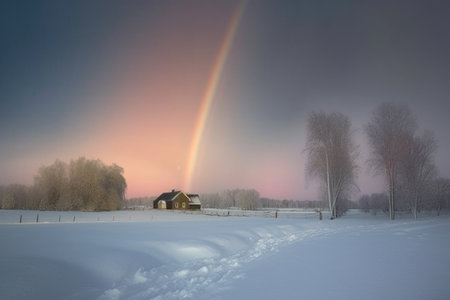 moonbow adorning a night scene of a snow-covered landscape, created with generative aiの素材