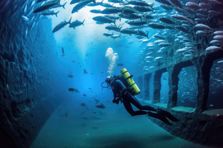 scuba diver observing a barracuda feeding frenzy from a safe distance, created with generative aiの素材