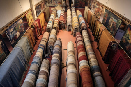 overhead view of finished carpets rolled up, created with generative aiの素材