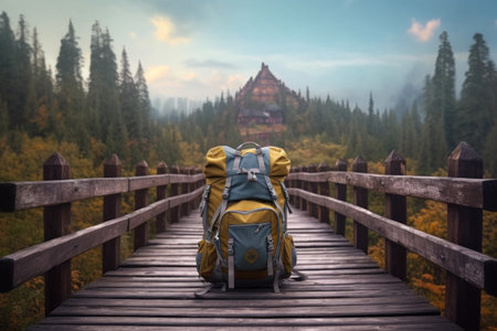 travel backpack on a wooden bridge in the wilderness, created with generative aiの素材